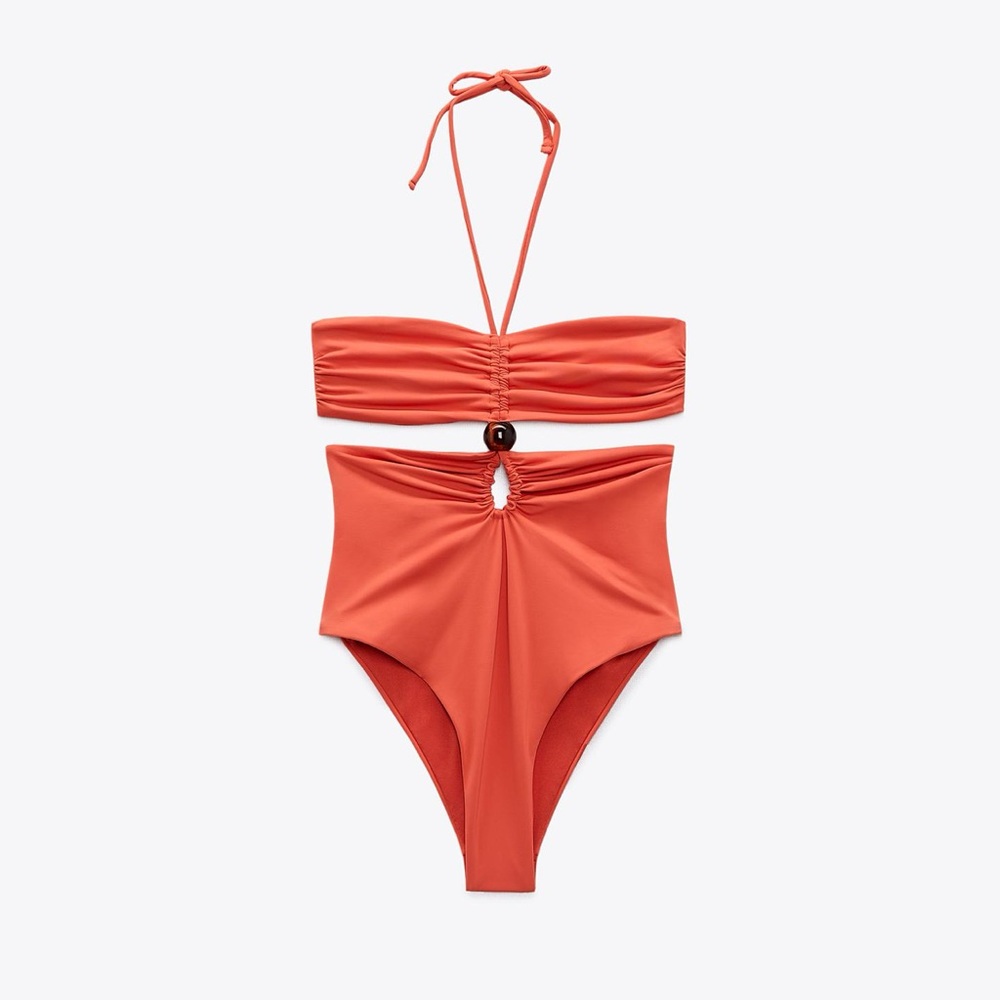 NWT. Zara Intense Coral Bead Bandeau Straight Neck Swimsuit. Size S.